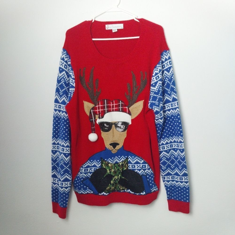 Reindeer Ugly Christmas Sweater With Camouflage Drink Pouch Holder Size XL - Picture 2 of 7